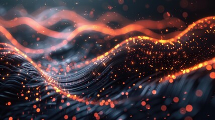 Fototapete - Abstract picture micro light sparkling particle represent data flow vivid flowing wave with high tech background, create digital effect scene perfect for energetic and fantasy wallpaper design. AIG53.