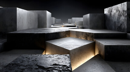 Fototapete - Abstract Concrete Cubes Architectural 3D Render of Glowing Stone Blocks