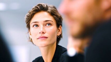 Aufkleber - A young woman actively listening in a meeting. Her thoughtful expression shows engagement and focus. Ideal for business and collaboration themes. Professional style captured in this setting. AI