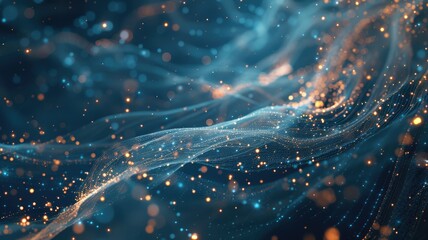 Fototapete - Abstract picture micro light sparkling particle represent data flow vivid flowing wave with high tech background, create digital effect scene perfect for energetic and fantasy wallpaper design. AIG53.