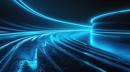 Fototapete - This abstract image features vibrant blue light trails against a sleek black background, creating a dynamic and futuristic atmosphere perfect for design projects.