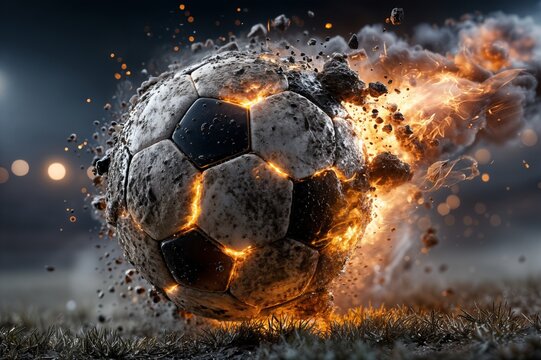 Una explosión de fútbol dramática y destructiva, con fragmentos y llamas que se dispersan sobre un campo de césped.