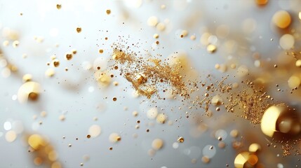 Poster - Beautiful golden particles gracefully emitted on a soft white background, creating an elegant and dynamic visual effect perfect for themed designs or celebrations.