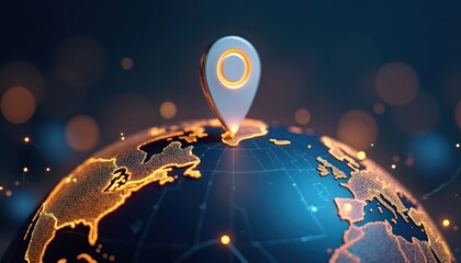 Poster - Illustration features location pin atop globe, emphasizing global network connections. Blue globe with gold continents, yellow glowing lights, dark blue background. Great for travel tech, digital