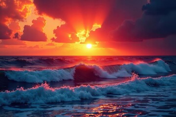 Wall Mural - fiery sunset paints wild ocean waves crimson and gold , phenomenal, waves, texture