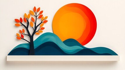 Poster - Geometric Autumn Landscape with Orange Sunset and Teal Hills