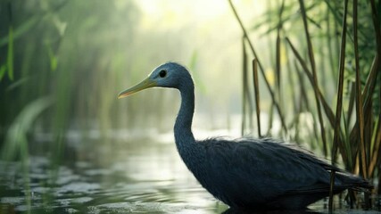 Poster - A bird stands by the water's edge amidst tall grass