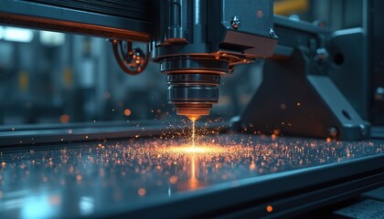 Poster - Advanced CNC machine in high-tech manufacturing facility. Laser precision, industrial automation, metalwork, robotic, modern tech. Cutting metal with sparks. Digital process in workshop.