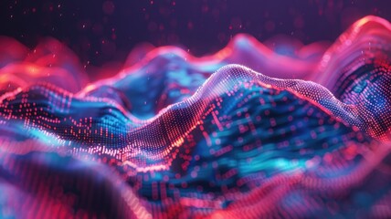 Fototapete - Abstract picture vivid particle neon light with digital technology style design connect become dynamic of electric wave movement represent about flowing of data or structure of network system. AIG53.
