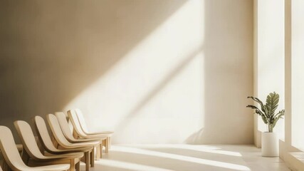 Poster - Simple room with a row of wooden chairs, great for interior design or everyday life scenes
