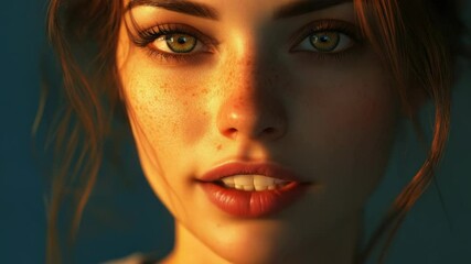 Poster - Close-up shot of a woman's face featuring freckles, suitable for use in editorial or commercial contexts