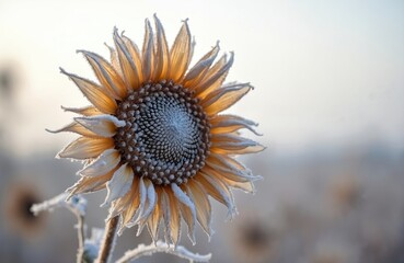 Poster - Frozen dried sunflower covered in snow. Winter scene with icy frost on petals. Floral close-up shows cold season beauty. Macro of nature flower with snow crystals.