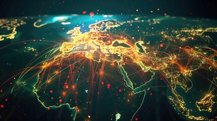 Poster - A vibrant abstract visualization of a critical network overlaying Europe, showcasing connectivity with bright lines and points representing data flow and interaction.