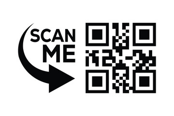 minimalist black and white graphic design with bold 'scan me' text, curved arrow, and hollow rectang