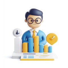 Poster - 3D businessman character surrounded by business data.