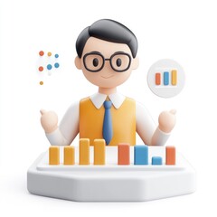 Poster - Smiling cartoon businessman presents data visualizations.