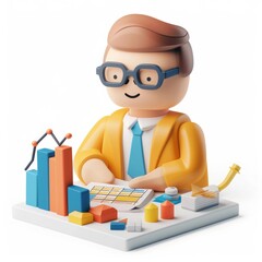Poster - Smiling cartoon businessman analyzes data and charts.