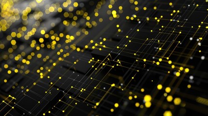 Fototapete - Explore a vibrant abstract representation of a futuristic blockchain network, featuring dynamic yellow lights against a sleek black background. Perfect for technology themes.