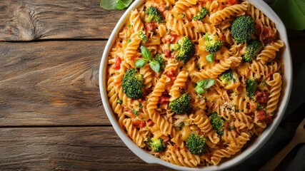 Poster - Fresh pasta dish with steamed broccoli on a rustic wood table, perfect for food photography or illustration