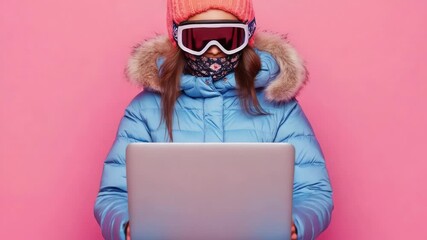 Poster - A woman in a blue jacket and pink hat holding a laptop, great for work or travel scenes