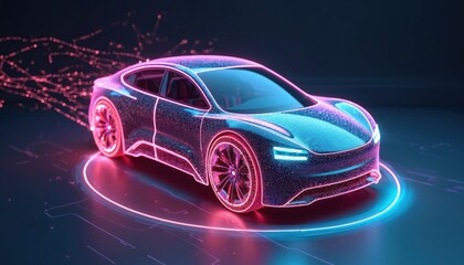 Poster - Futuristic self-driving car with glowing neon lights on the road. Autonomous vehicle technology, digital automotive innovation, electric transport, ai driving, city urban mobility, intelligent design.
