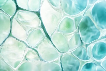 Fototapete - Abstract, macro view of cellular foam or spongelike structure with translucent green and blue colors, showing intricate network design.