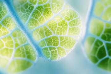 Fototapete - A macro image of a green leaf shows delicate veins and cell structure against a soft blue background.
