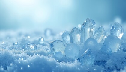 Poster - Abstract photo shows icy crystal formation, winter theme. Blue background with ice crystals, macro shot, creating frosty crystal border with frozen water. Suitable for advertising winter holidays,