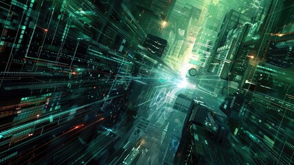 Fototapete - Abstract digital shape and particle technological cyber style design connecting become system shape of electronic designing. High tech scenery express mysterious pattern perfect for wallpaper. AIG53.