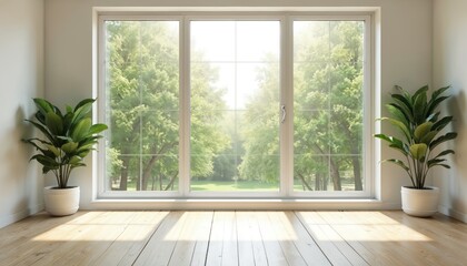 Poster - Empty modern room with large window, nature view. Plants in pots on floor. White walls, wooden floor. Sunlight through window. Minimal interior design, neutral colors. Contemporary house, apartment