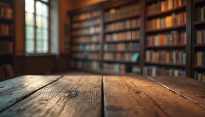 Aufkleber - Wooden table front view in vintage library interior. Bookshelves background, light from window, reading room. Rustic wooden surface for product placement. Study, education, reading, knowledge concept.