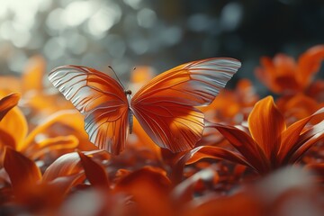 Poster - a vibrant butterfly soars above reddish orange textured flora