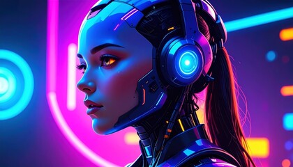 Poster - Futuristic Robot Girl in Neon Cityscape - A cyberpunk- portrait of a female robot, symbolizing technology, future, artificial intelligence, beauty, and innovation