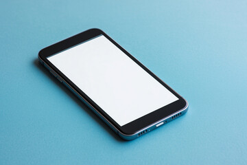 Poster - cell phone with a white screen sits on a blue surface. The phone is turned off and has no apps open. Concept of emptiness and stillness, as if the phone is waiting for something to happen