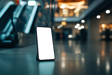 Poster - white cell phone is sitting on the floor in a dark room. The phone is turned off and has no screen