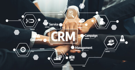 Poster - Diverse hands unite to signify teamwork in customer relationship management, illustrated with digital icons depicting various CRM services, enhancing strategy and support. Amity