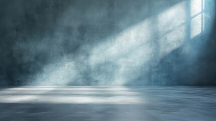Poster - A quiet and serene space featuring light streaming through a window, casting soft shadows on textured walls and an empty floor, creating a tranquil atmosphere.
