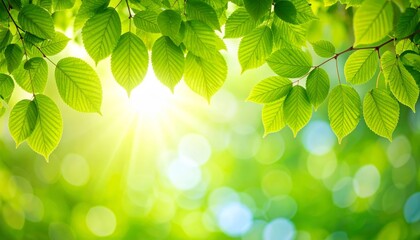 Poster - Sunny Day Green Leaves - Fresh spring leaves, sunlight rays, vibrant green, nature's beauty, peaceful serenity. Symbolizing growth, renewal, tranquility, hope, and life