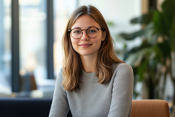 Poster - woman wearing glasses and a gray sweater is sitting at a table. She is smiling and looking at the camera
