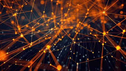 Poster - Explore a vibrant abstract representation of a connection network. This artistic image showcases glowing lines and dots converging in a dynamic digital space, perfect for technology themes.
