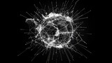 Abstract shattered sphere with white lines and fragments on a black background design element