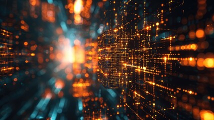 Fototapete - Abstract picture micro particle in geometric shape represent data flow. Vivid flowing object with high tech fractal, create digital effect scene perfect for energetic, fantasy wallpaper design. AIG53.