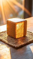 Leinwandbilder - Light-Toned Cube Glass Object on Wooden Table with Sunlight