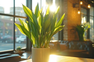 Poster - a vibrant plant in a white pot bathed in sunlight