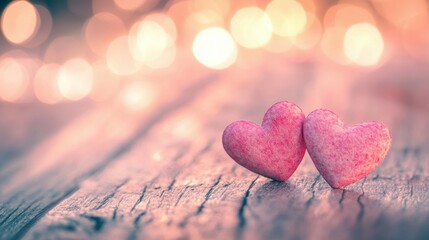 Poster - Pink hearts on a wooden table against a light defocused bokeh background. Love, Valentine's Day concept.