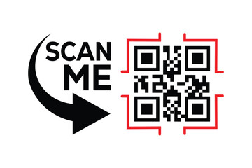 minimalist black and white graphic design with bold 'scan me' text, curved arrow, and hollow rectang