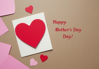 Wall Mural - A mother's day card with hearts on a beige surface and pink paper