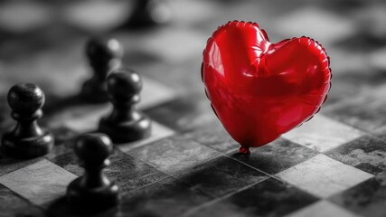 Poster - A red heart-shaped balloon sits on top of a chess board, adding a touch of romance to the strategic game