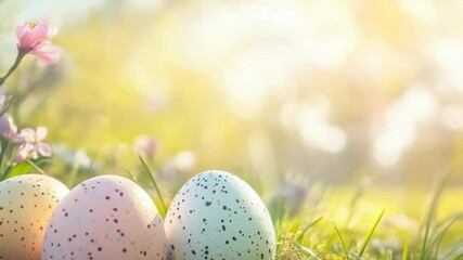 Poster - Three eggs sit on a lush green field, a peaceful scene