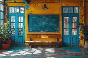 Poster - A vintage room features a chalkboard and blue doors facing outwards